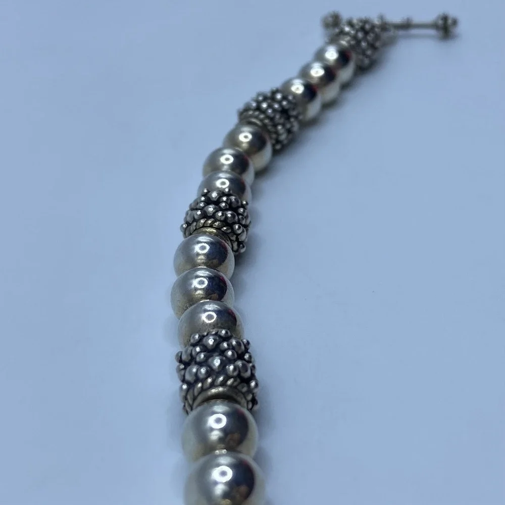 Minimalist Chic Silver Beaded Bracelet Toggle Clasp Bali Style Textured - 7.25